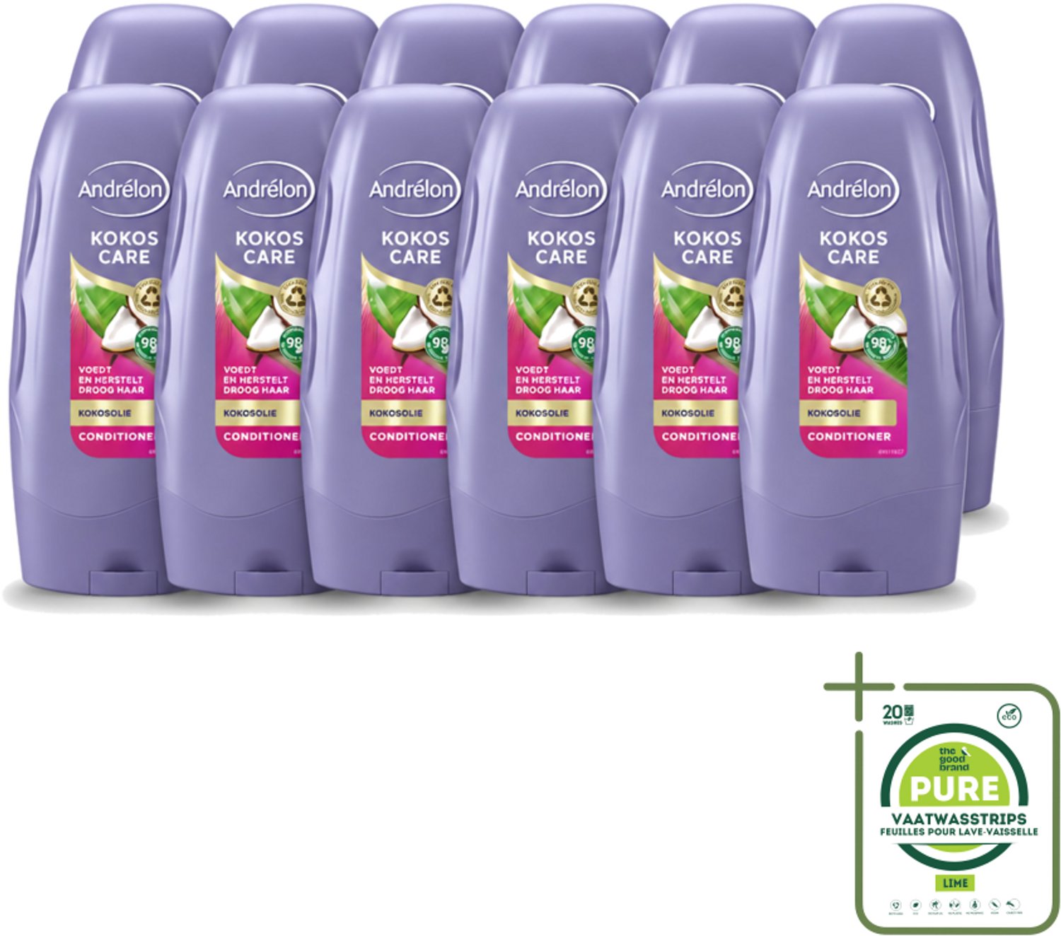 12 x Andrélon - Kokos Care - Conditioner - Diepe Hydratatie - 250 ml - Grootverpakking - Vaatwasstrips - Droog Haar - Herstel Haar - Kokosolie - Kokosmelk - Hydratatie