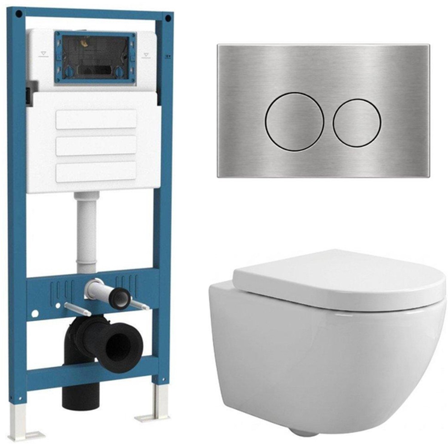 QeramiQ Dely Swirl Compact Toiletset - inbouwreservoir QeramiQ flush - 25mm zitting - metalen bedieningsplaat RVS - ronde knoppen - glans wit