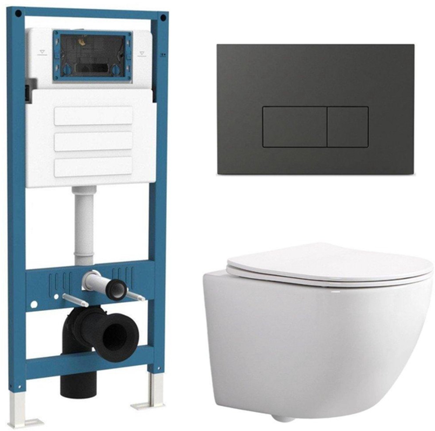 QeramiQ Dely Swirl Compact Toiletset - inbouwreservoir QeramiQ flush - slim zitting - kunststof bedieningsplaat mat antraciet - rechthoekige knoppen - glans wit