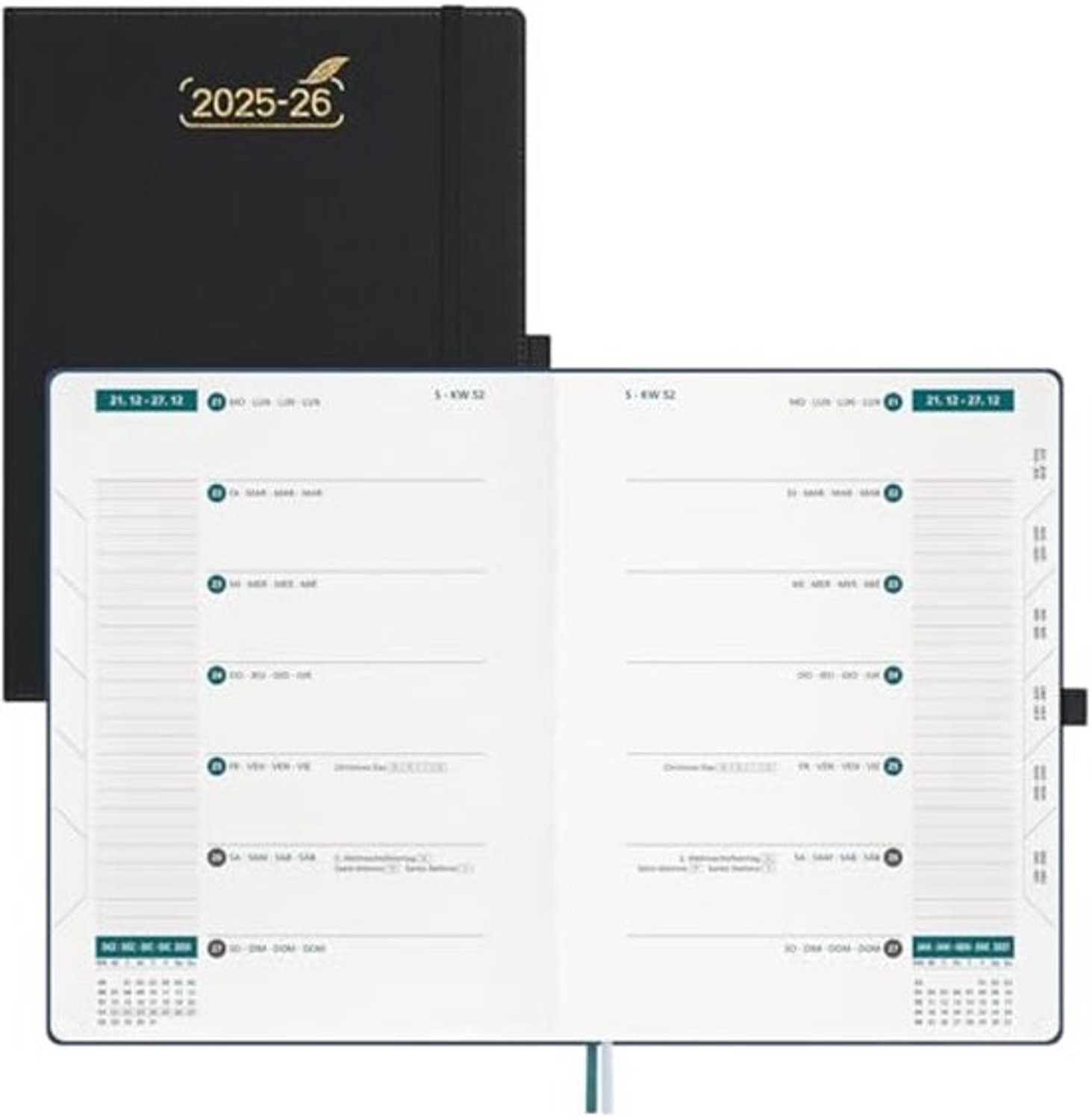 Agenda 2025-2026 - 18 maanden kalenders - A4 weekplanner met 2 pagina's per week - PU leren hardcover - zwart