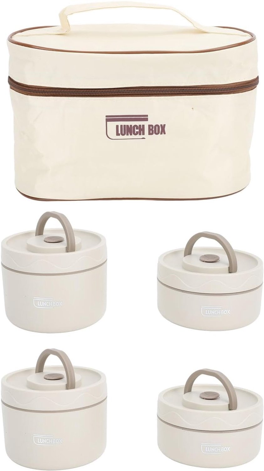 Multifunctionele Geïsoleerde Lunchdoos van Roestvrij Staal - Draagbare Ronde Thermosdoos met Thermotas voor Eten en Dranken (Beige)