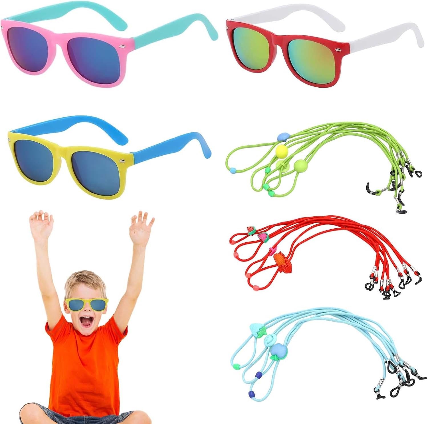 Zonnebrillen voor Kinderen UV400 - 6-Delige Set met 3 Kleurrijke Zonnebrillen en 3 Antislip Koorden - Ideaal voor Zomer, Buitenactiviteiten en Vakantiegebruik