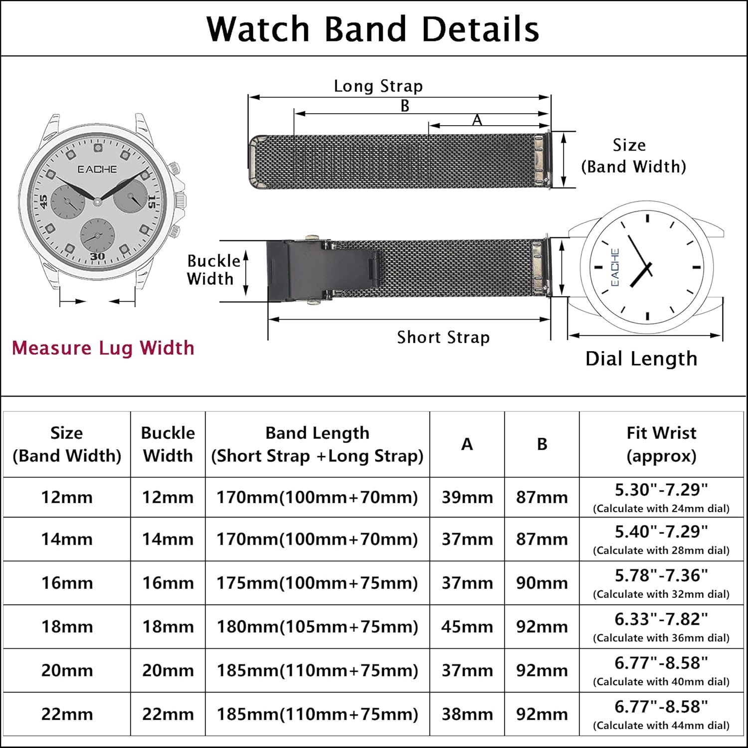 EACHE stainless steel mesh watch straps for men and women, mesh watch straps with quick release 14mm 16mm 18mm 20mm - ShopVlot