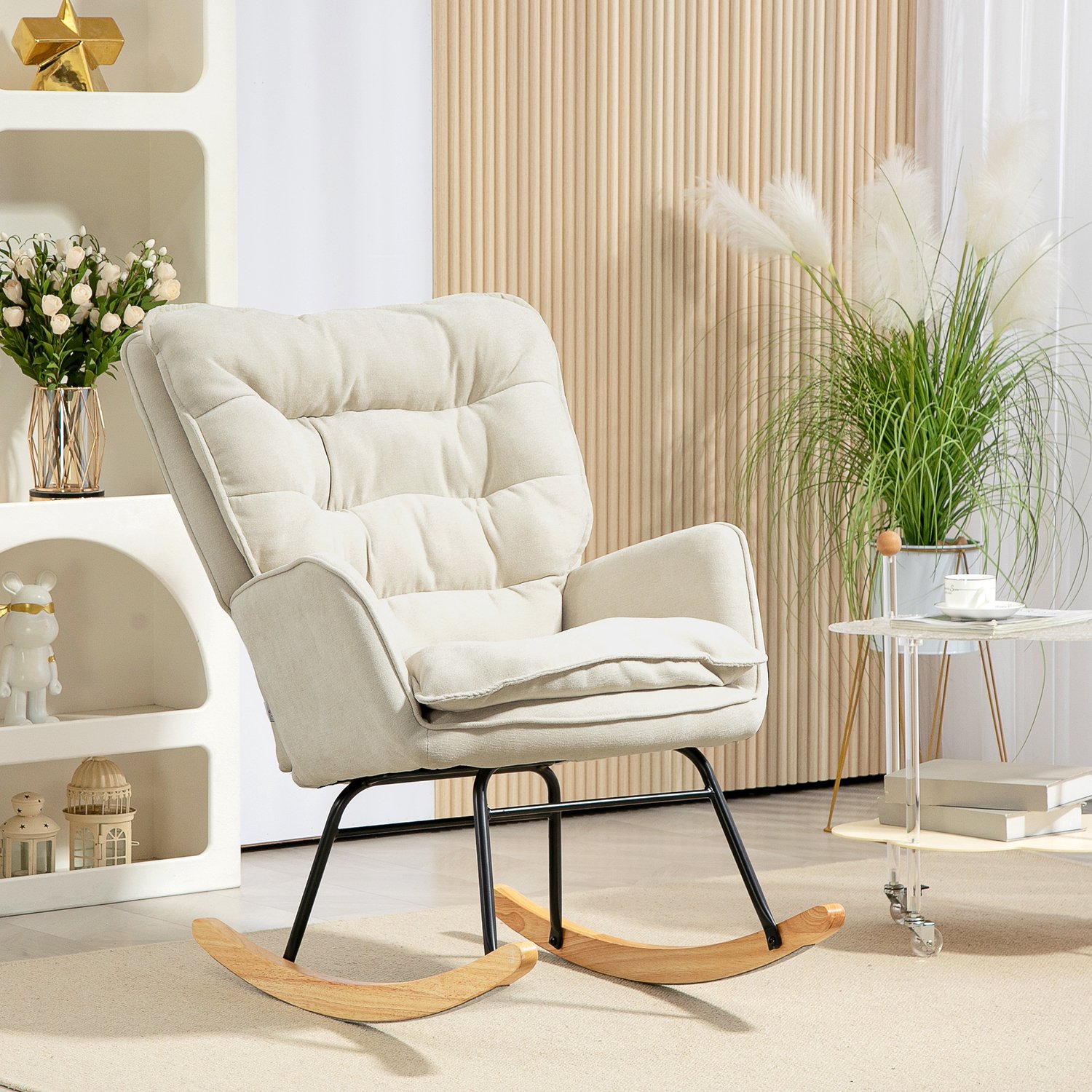 DESMIU Schommelstoel Fauteuil Met Armleuningen - Zitbreedte 53 cm - Zacht Schommelen En Dik Gestoffeerd - Voor Woonkamer En Slaapkamer - Chenillestof Beige