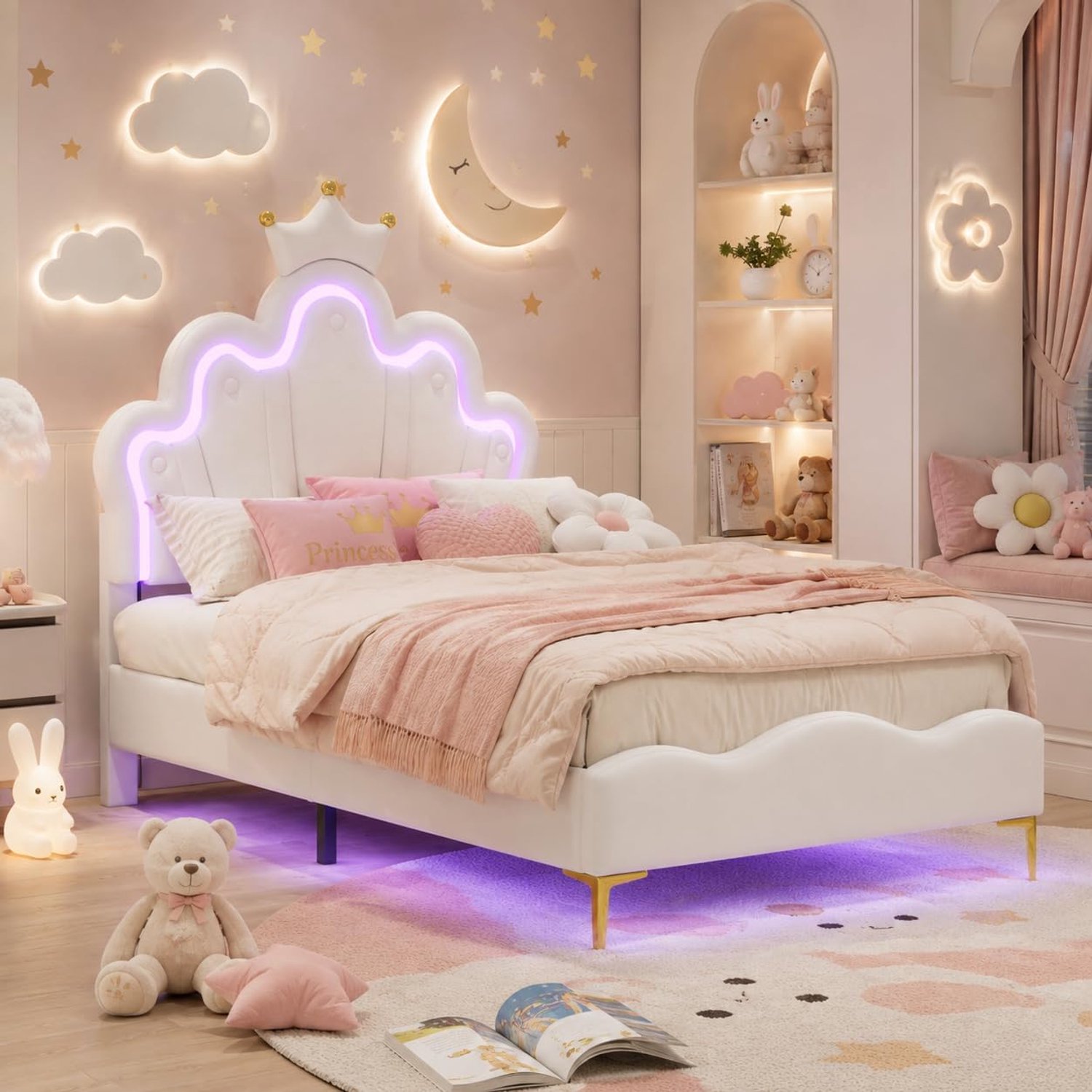 Eenpersoonsbed, 90 x 200 cm, led-bed, kinderbed, prinsessenbed voor meisjes, gestoffeerd, jeugdbed met kroonvormig design en verstelbaar hoofdeinde voor kinderkamer, zonder matras (witte kroon)