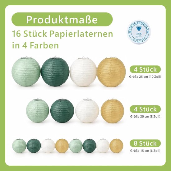 16 stuks papieren lampions saliegroen, ronde papieren lantaarns — afbeelding 2