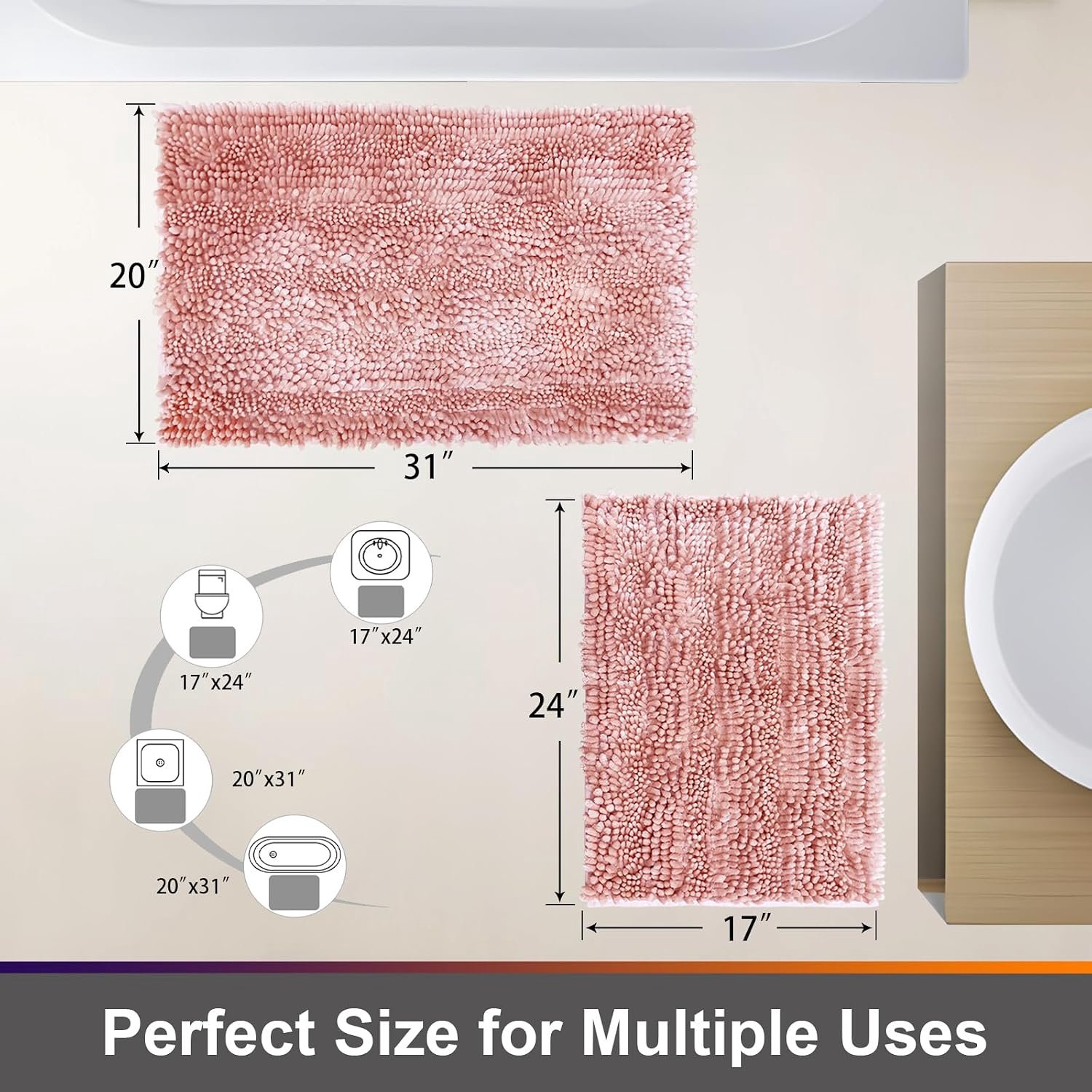 Civkor Badkamertapijten matten set 2-delig roze boter chenille, schattig badmattapijt glanzende noedel met antislip achterkant, super waterabsorberend, machinewasbaar 70 x 50 cm