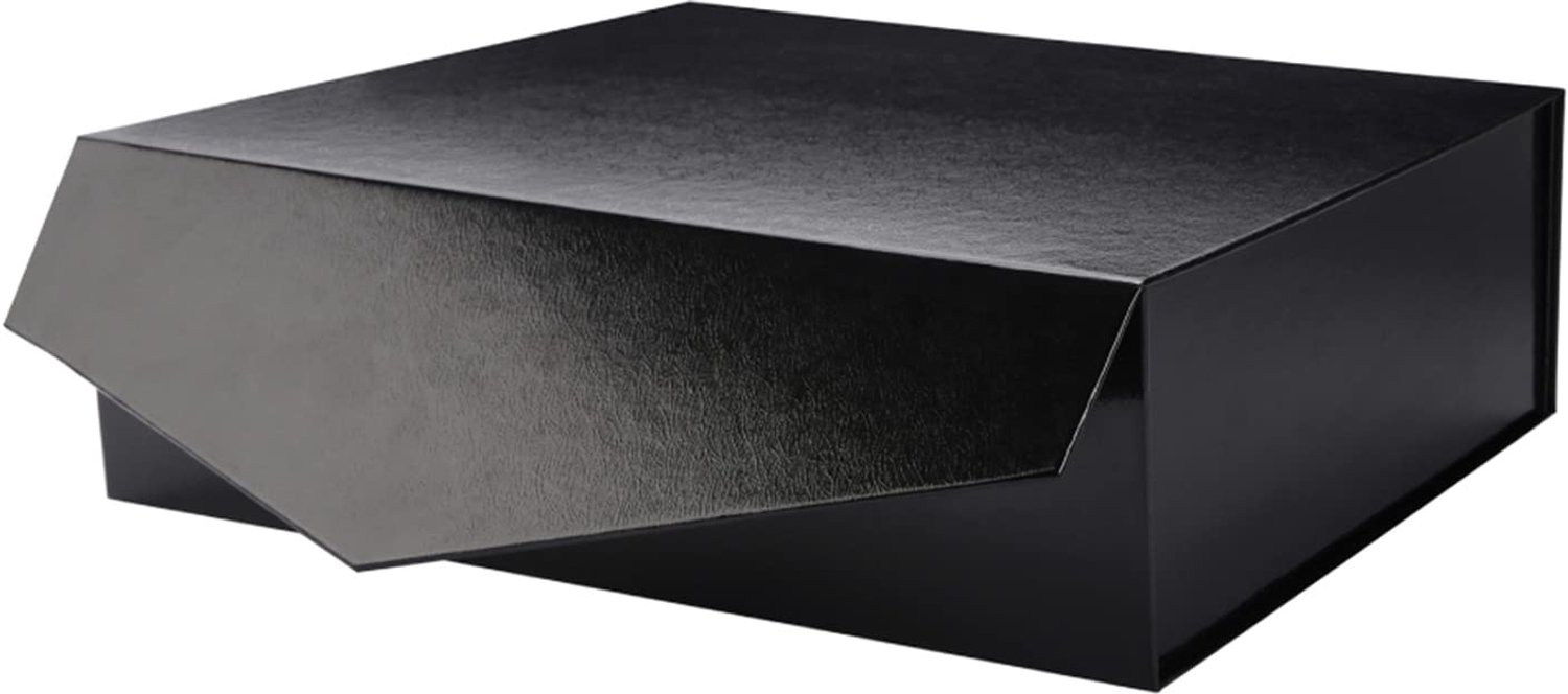 PACKHOME Geschenkdoos, groot, met deksel, 34 x 23 x 10 cm, stevige opvouwbare geschenkdozen met magnetische sluiting (glanzend zwart, grastextuur)