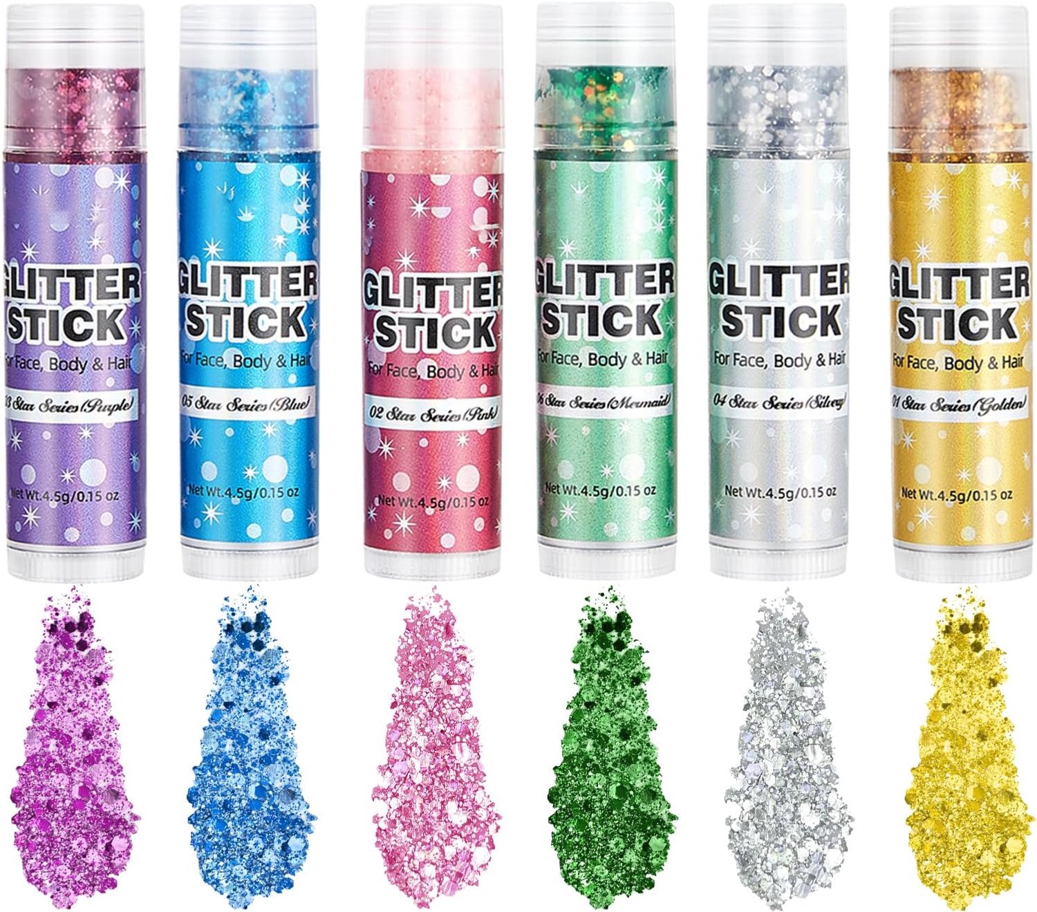 Memaid Body Glitter Stick-set, 6 kleuren, glitterstift voor lichaam, gezicht, haar, festival, glitter, make-up zonder lijm, Sparkly Pailletten pailletten, holografische lichaamglitter, party, carnaval