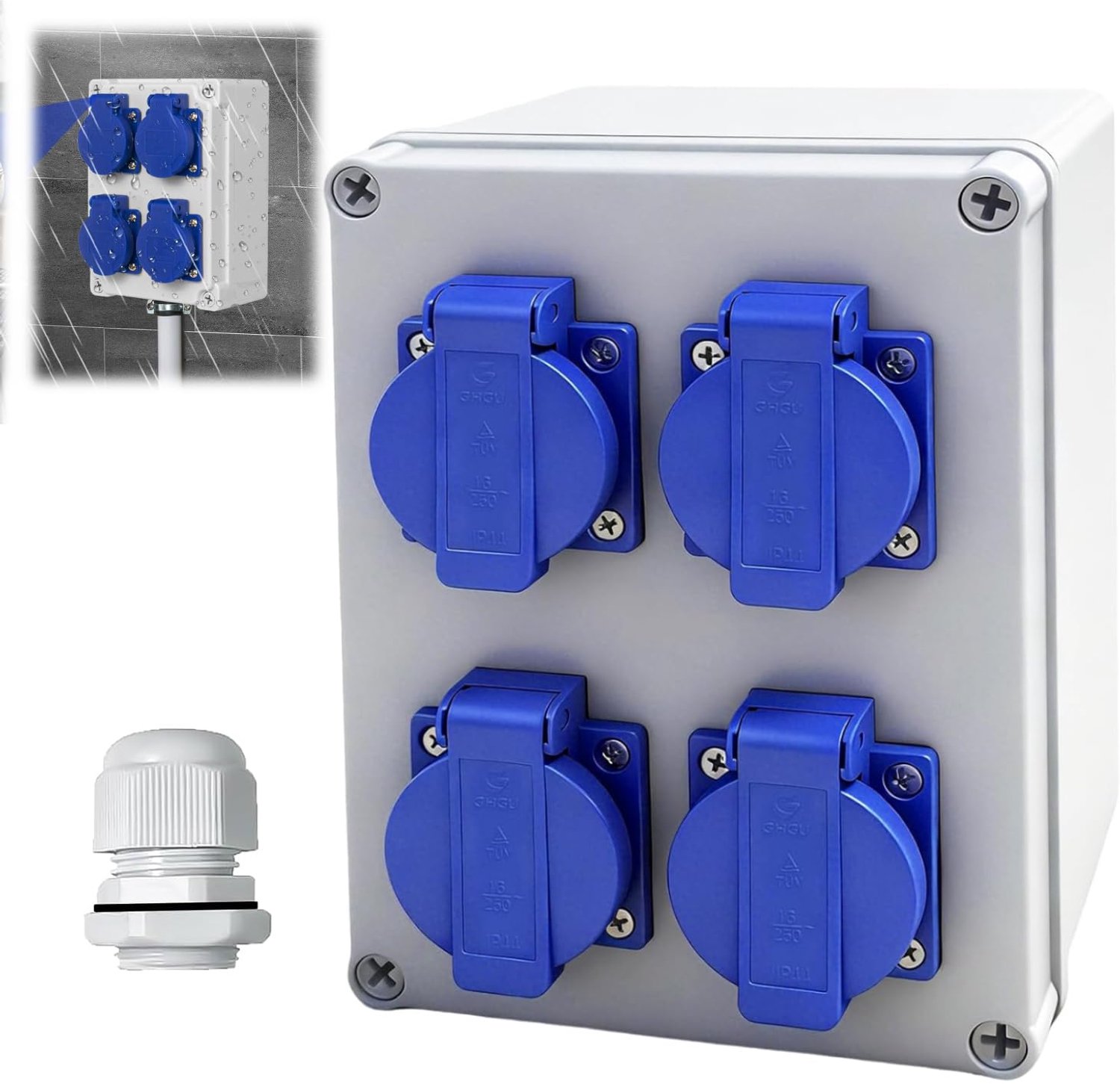 Wandverdeler bouwstroomverdeler 16 A, voorbekabelde stroomverdeler met 4 x 230 V stopcontact, opbouw Schuko IP44 waterdicht opbouwstopcontact 4-voudig voor bouwplaatsen, huishoudens, industrie