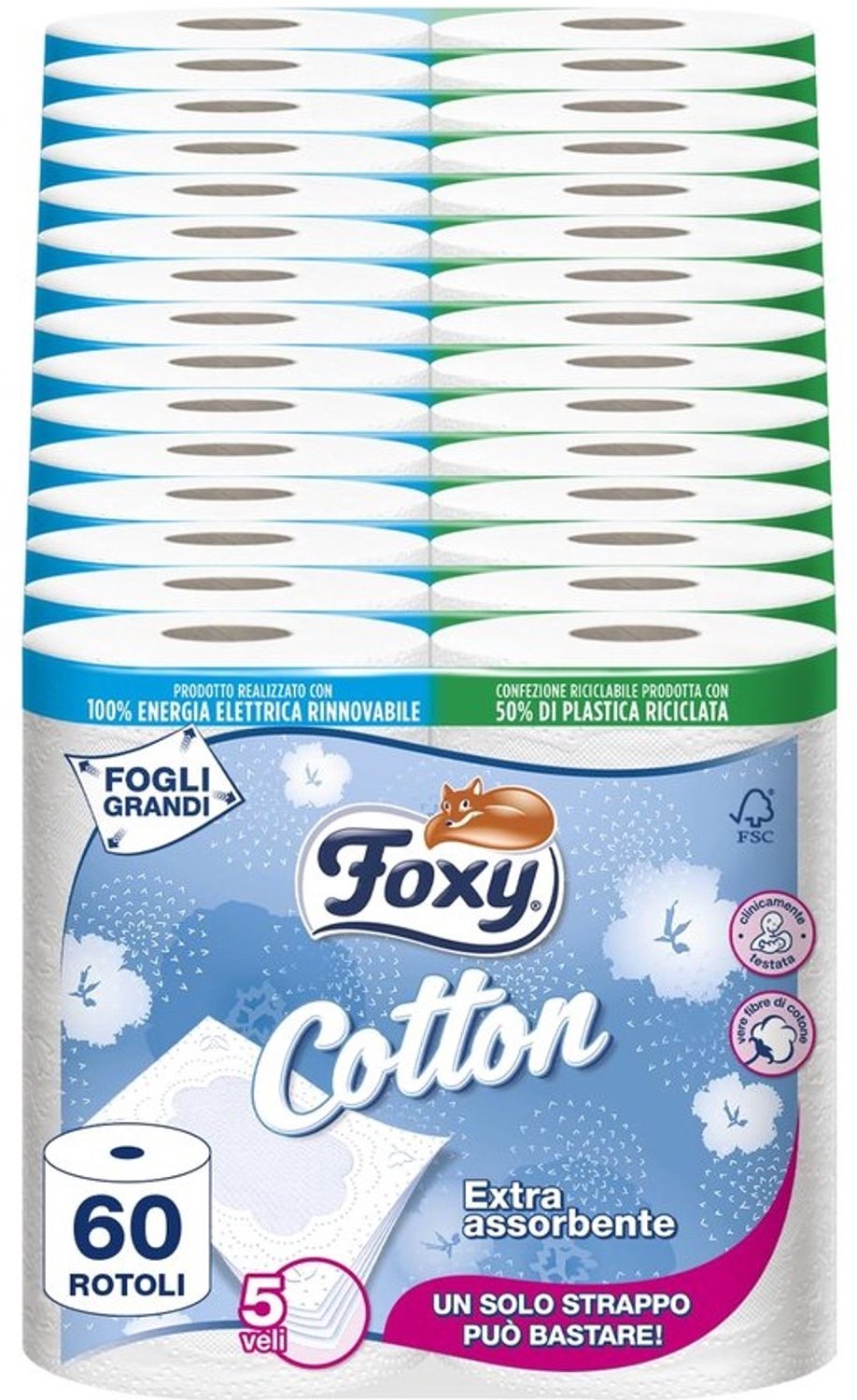 SnelShoppen - 5-laags katoenen toiletpapier - 60 rollen - Extra grote vellen - FSC-gecertificeerd - 115 scheuren per rol - 100% elektrische energie - Re