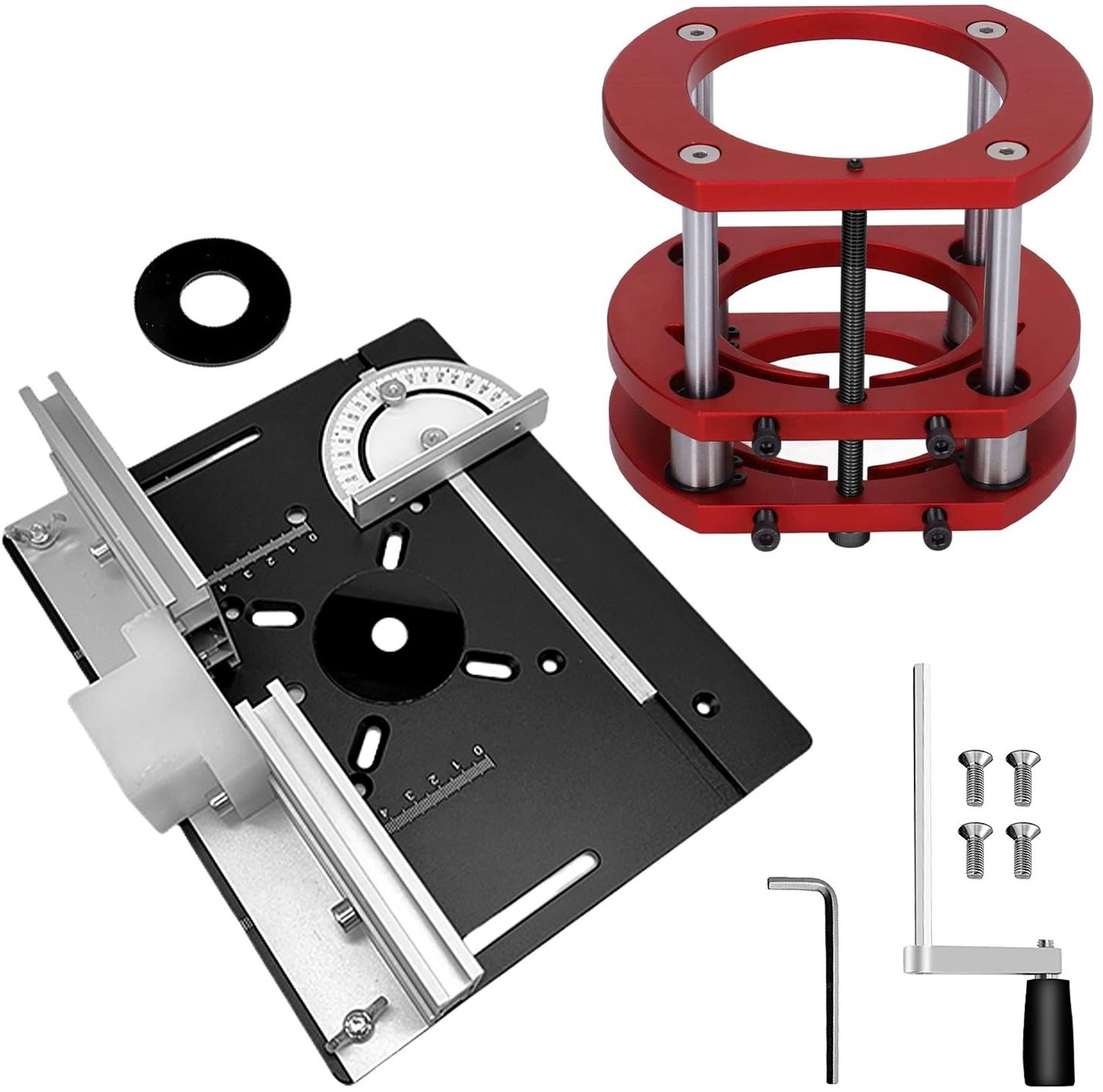 Verhoogde Plaat voor Houtfrezen met Pedestal - Zwart Aluminium Freesmachine voor Werkbank met Rode Lifting Basis voor 64-66mm Diameter Freestafel, Precisie en Stabiliteit
