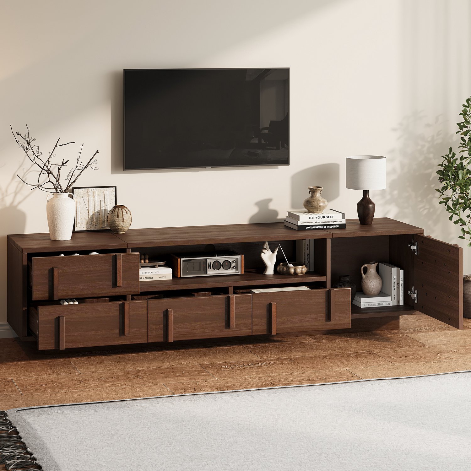 Clruro TV-Meubel - 180×40×45 cm - 4 Laden en 1 Deur - 2 Open Vakken - MDF - Walnoot