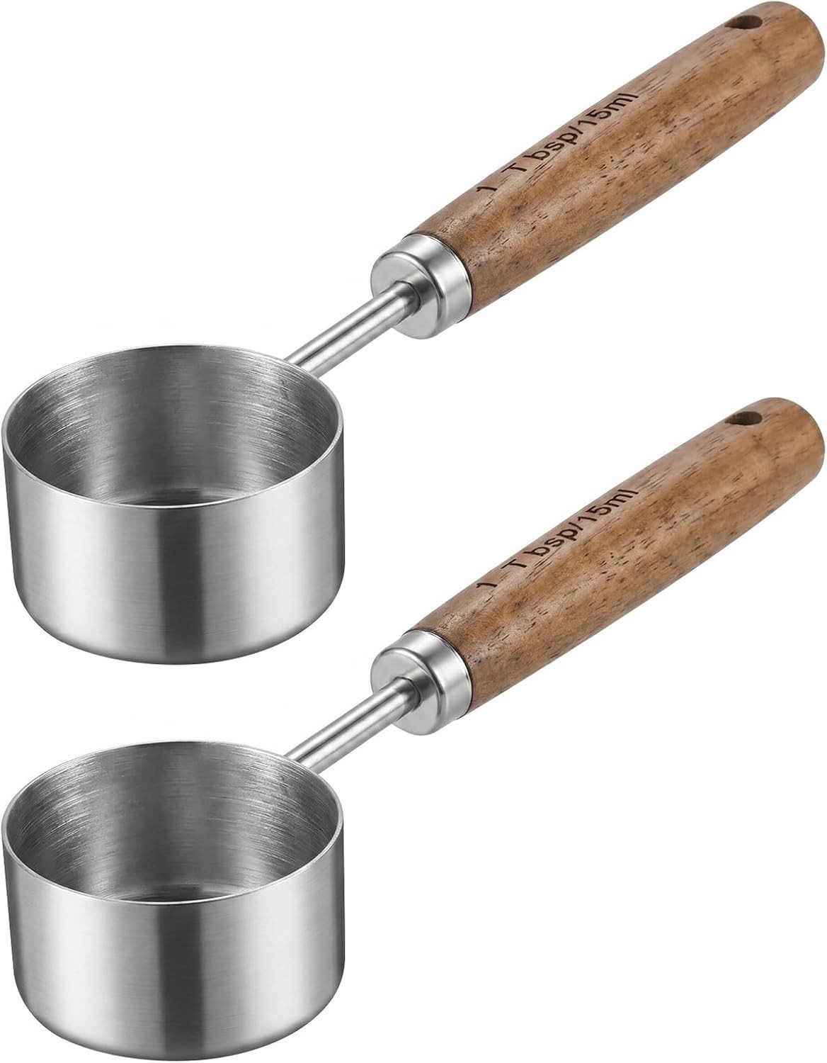 Set van 2 koffielepels met walnoothandvat en lange steel, ideaal voor koffie, thee en cacao poeder, 15 ml maatlepel