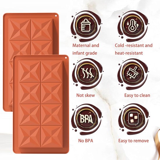 2 stuks diepe chocoladereep mallen siliconen, dikke chocoladereepvorm, diamant grote chocoladereepvormen, vierkante grote chocoladevormpjes, grote chocoladereepvormen voor chocolade pralinesnoepjes — afbeelding 4