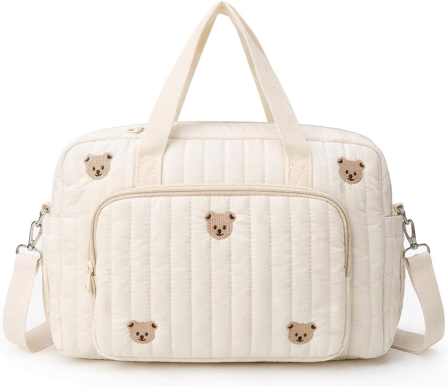Grote Wickeltas voor Pasgeborenen, Ziekenhuis Tas voor Moeders, Katoenen Schoudertas met Berenborduursel, Ideaal voor Geboorte en Luiers, Beige, 35x10x29cm