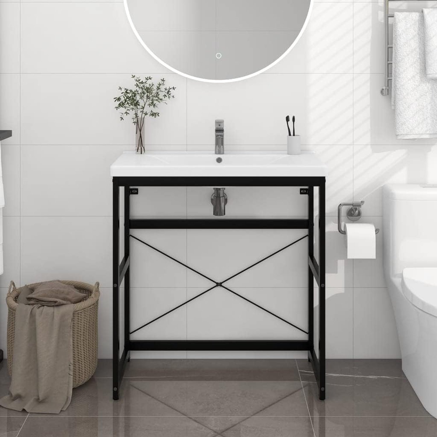 Badkamer wastafelframe, zwart, 79 x 38 x 83 cm, ijzer, gepoedercoat, weerbestendig, duurzaam, wastafelstandaard, console, opbergruimte