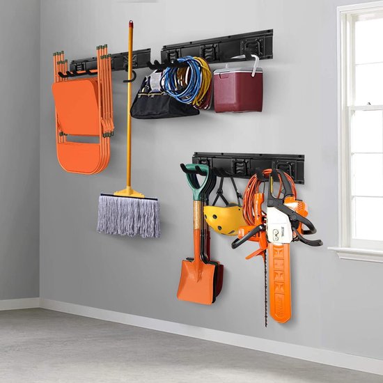 Tuingereedschap Rack Set, Garage Wall Organisatie Hanger met 3 Mop Houder en 6 Multifunctionele Haken, Garden Yard Shovels Harken voor String Hedge Trimmer Bezems Slangen Opvouwbare Stoelen Ladders en meer — afbeelding 4