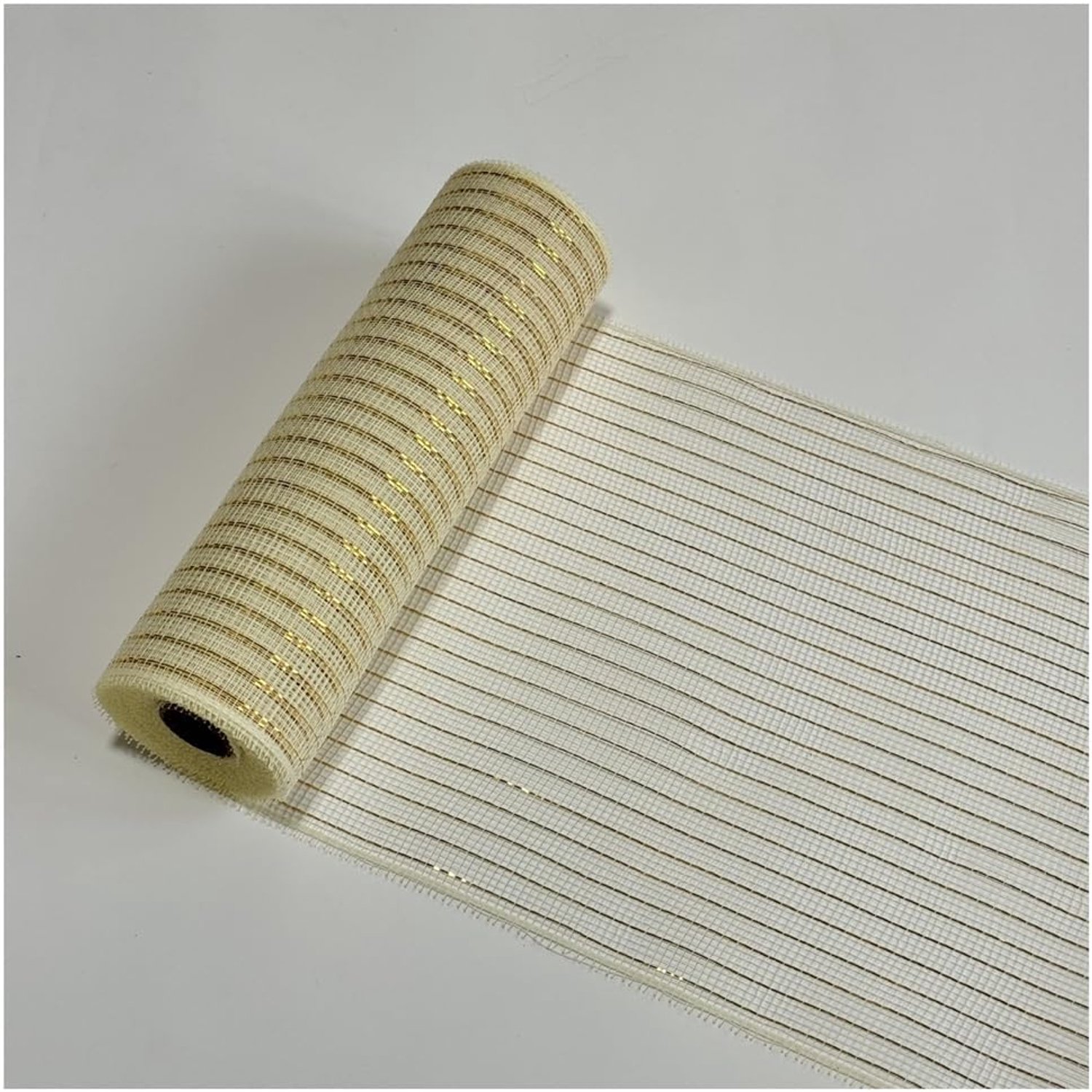 26 cm x 9,1 m kerst-polynetband, metaalfolie, decoratieve gaasband, doorschijnend glittergarenband, knutselband voor doe-het-zelf krans, slinger, beige + gouden uiendraad, 26 cm x 9,1 m