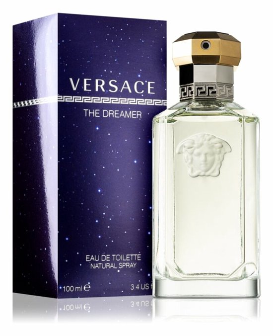 Versace The Dreamer Eau de Toilette Natural Spray 100 ml met medusa-logo op heldere fles en sterren-verpakking.