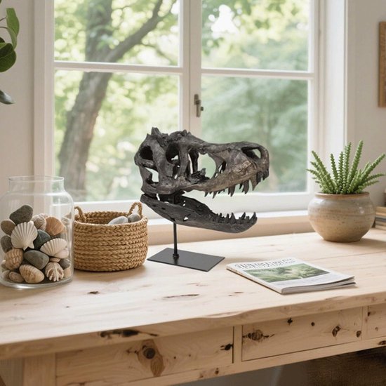 Hars Dinosaurus Schedel Sculptuur, Dinosaurus Tand Schedel Fossiel met Standaard Hoofd Standbeeld Schedel Ornamenten voor Haunted House Thuis Bar Feest Tafeldecoraties, Bruin — afbeelding 3