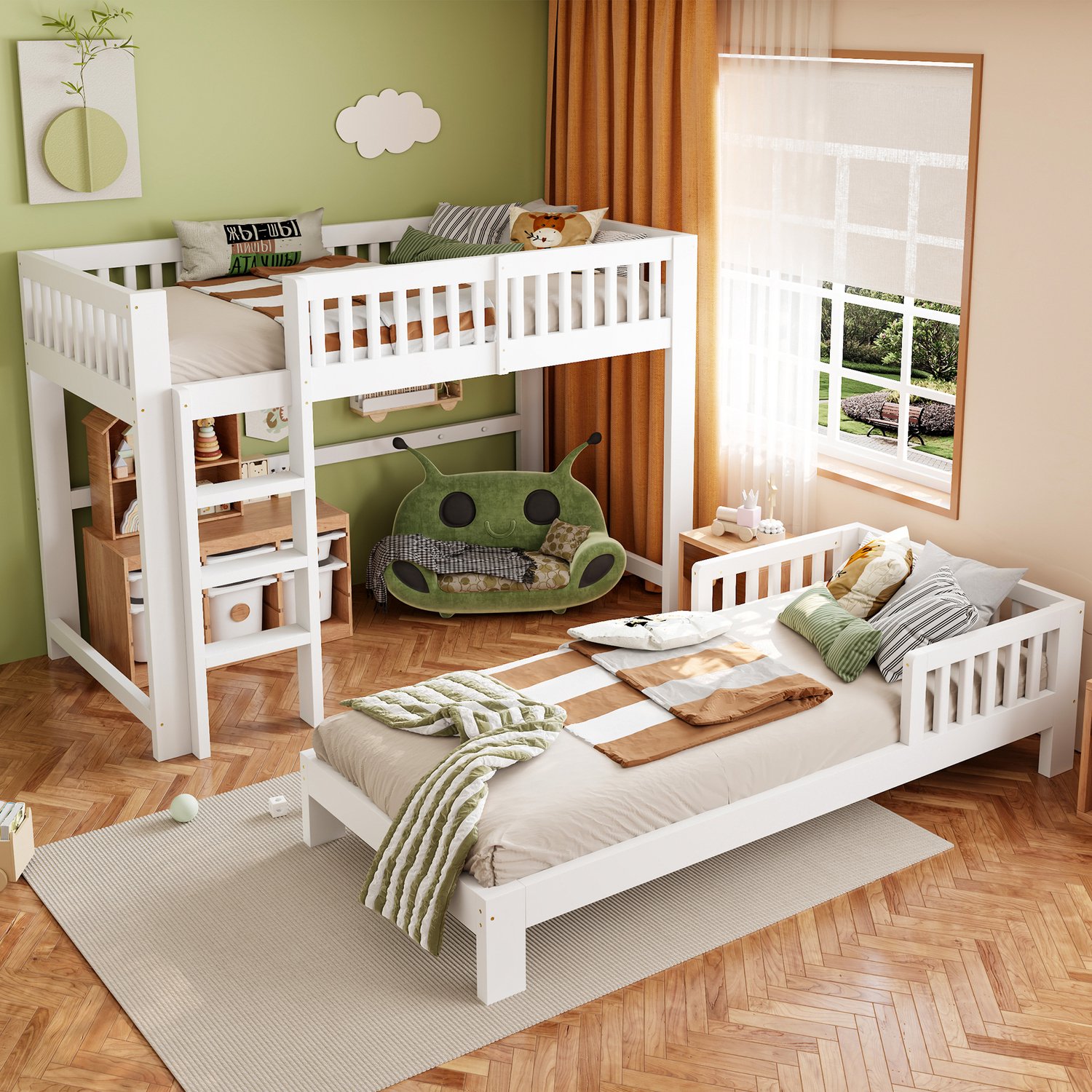 Merax Modulaire kinderbed 90x200 cm - hoge/eenpersoonsbed vrij samen te stellen - valbeveiliging - afgeronde hoeken - wit - zonder matras