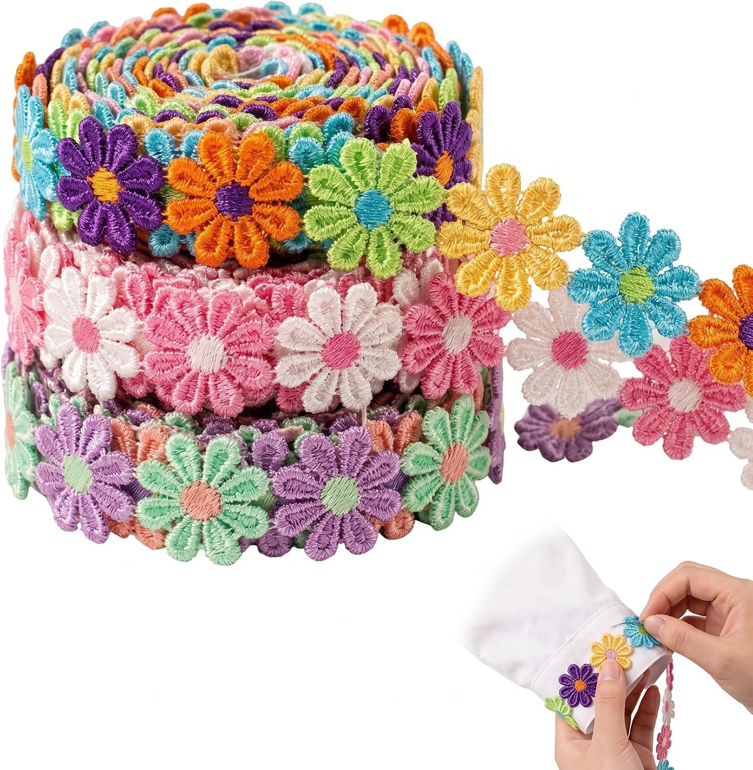 3 rollen geborduurde kanten lint met bloemen (3 meter), meerkleurige rand voor naaien, knutselen en bruiloftsdecoraties, bloemenapplicaties voor kleding en handwerk