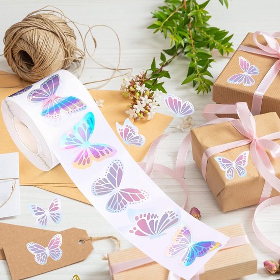 1000 stuks vlinderstickers, 2 rollen vlinders, bloemen, stickerrollen, holografische vlinderstickers, glitter vlinderstickers, zelfklevende decoratieve stickers — afbeelding 2