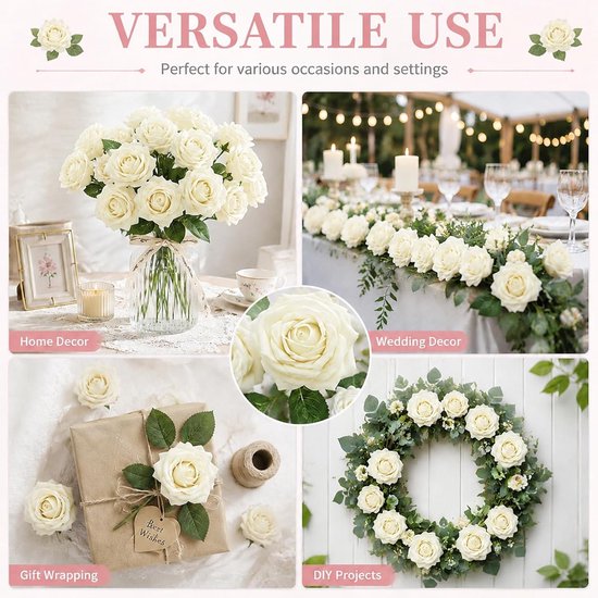 25 stuks witte kunstrozen met blad en verstelbare steel — afbeelding 4