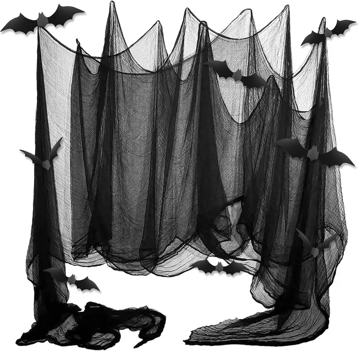 Zwarte doek 6 stuks Halloween decoratieve stof 76 x 183 cm horror decoratie gaas griezelige doek met 12 vleermuisstickers griezeldoek deuren hallen veranda's ramen spookhuis decoratie