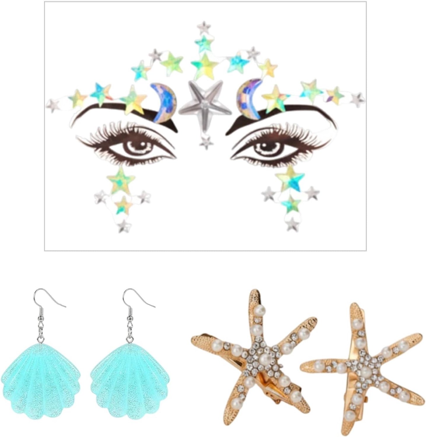 Vrouwelijke Zeemeermin Accessoires voor Onderwater Wereld Kostuum met Sterrenzeef Haarspelden, Schelp Decoraties en Strass Gezichtstatoeages voor Cosplay en Carnaval Feestjes