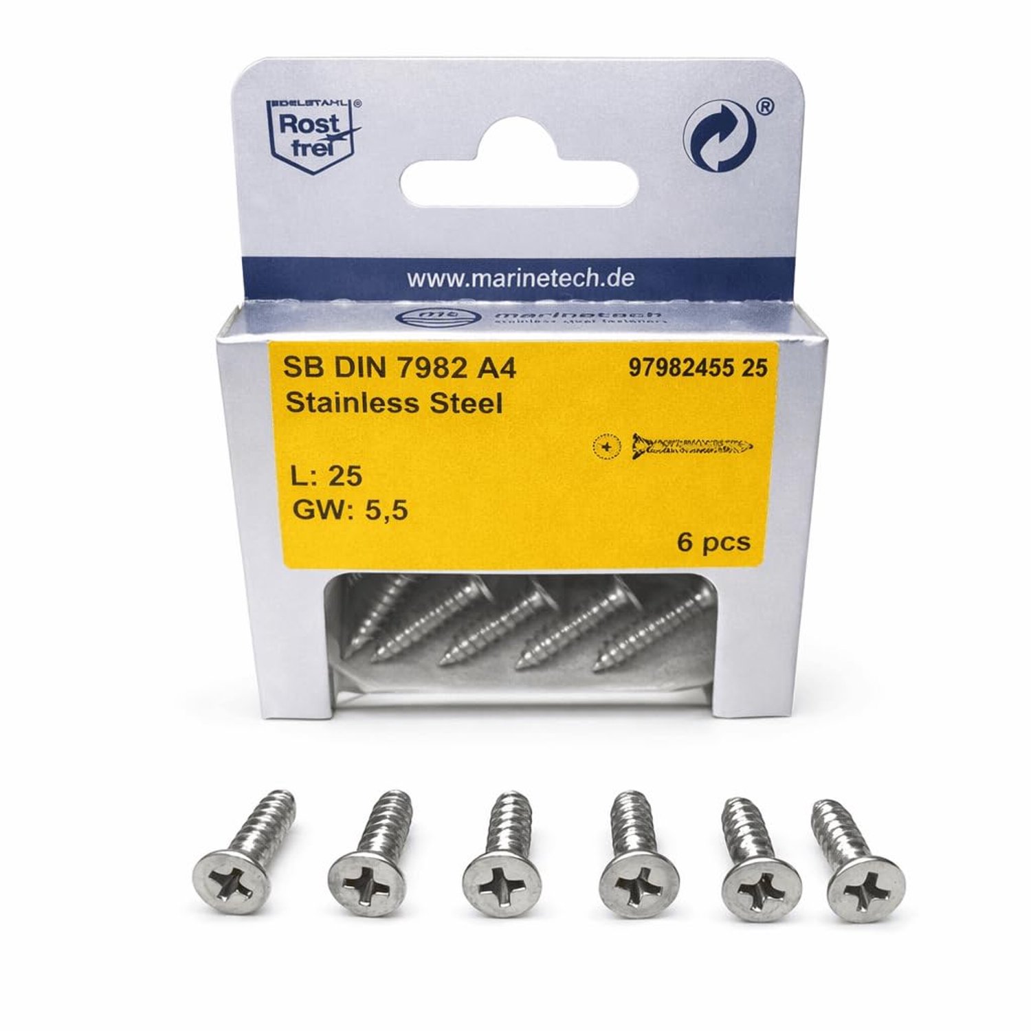 Countersunk sheet screws 5.5 x 25 mm DIN 7982 Phillips head PH3 A4 6 Pieces - ShopVlot