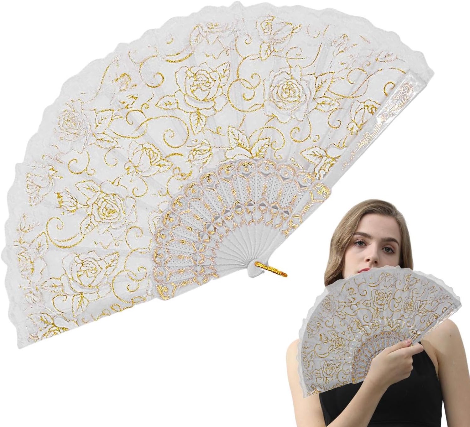 Vouwwaaiers met rozenkant, kanten vouwwaaiers, handheld-kanten waaiers, handbediend Chinees van rozenkant voor culturele evenementen en woondecoratie