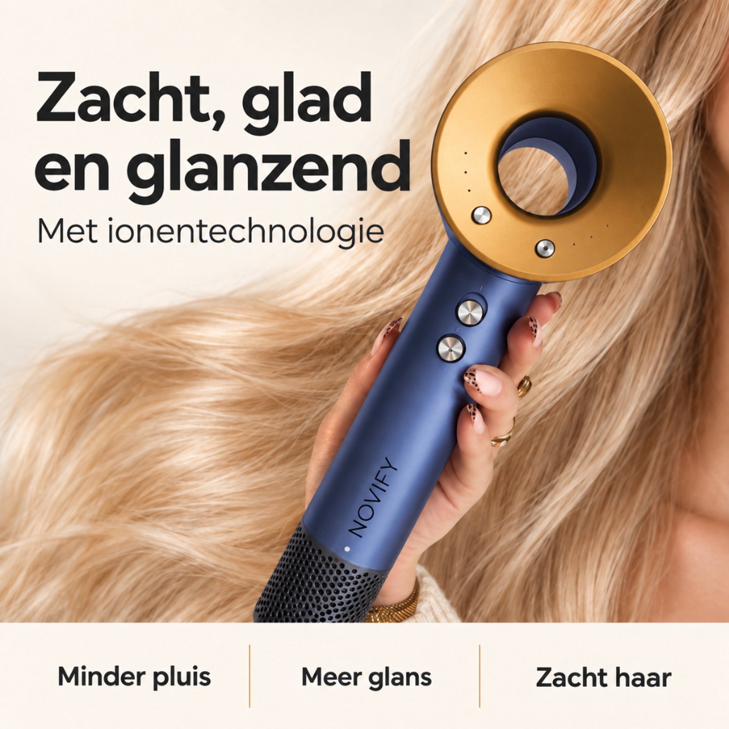 NOVIFY® Fohn - Fohnborstel - Haardroger met 5 opzetstukken - Fohn met Diffuser - 1500W - Midnight Gold - 2025 thumbnail 4