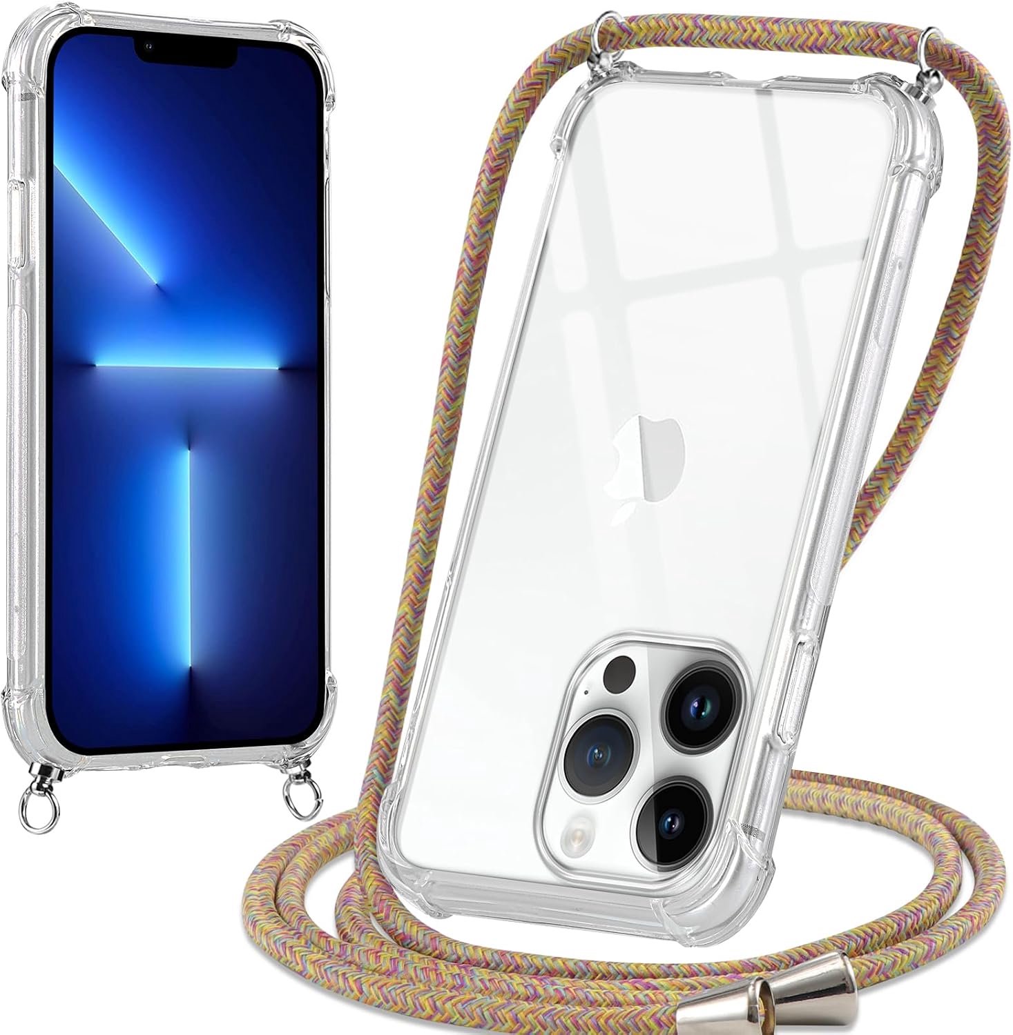 Beschermhoes voor iPhone 13 Pro Max met koord, transparante siliconen beschermhoes met verstelbaar koord, halsband case, bescherming voor iPhone 13 Pro Max, schouderriem, geel