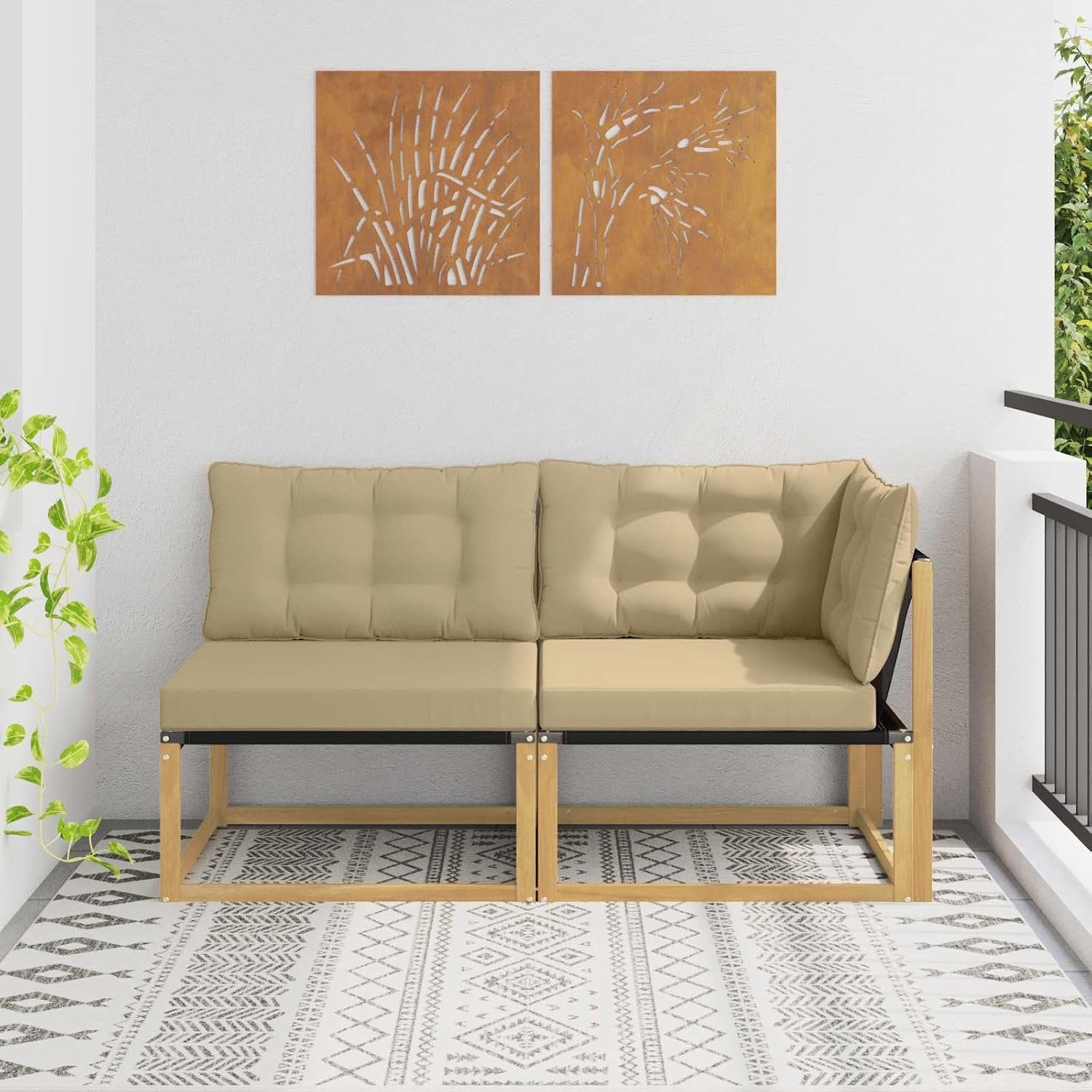 Witte modulaire outdoor bank met kussen van acaciahout, 162,5 x 83 x 73 cm, zitgroep voor terras en tuin