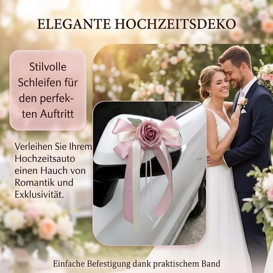 2 stuks autostrikken met zijden bloemen, bruiloftsstrikken, satijnen lint, bruiloft, autosieraden, bruiloftsauto, strikken, bruiloftsdecoratie voor bruidsauto, bruiloftsfeest, zwart/wit — afbeelding 2