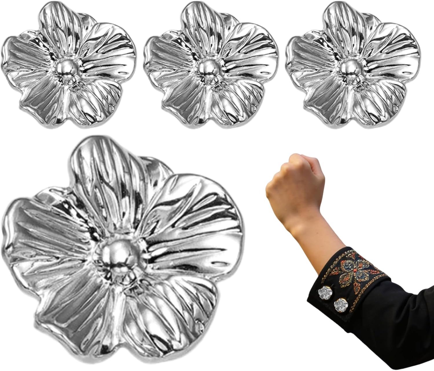 Set van 4 knopen voor dames, decoratieve accessoires, knoopsluiting, voor meisjes, dames, blouse, blouse, dagelijks gebruik, zakelijk, afspraken en bruiloft, zilver