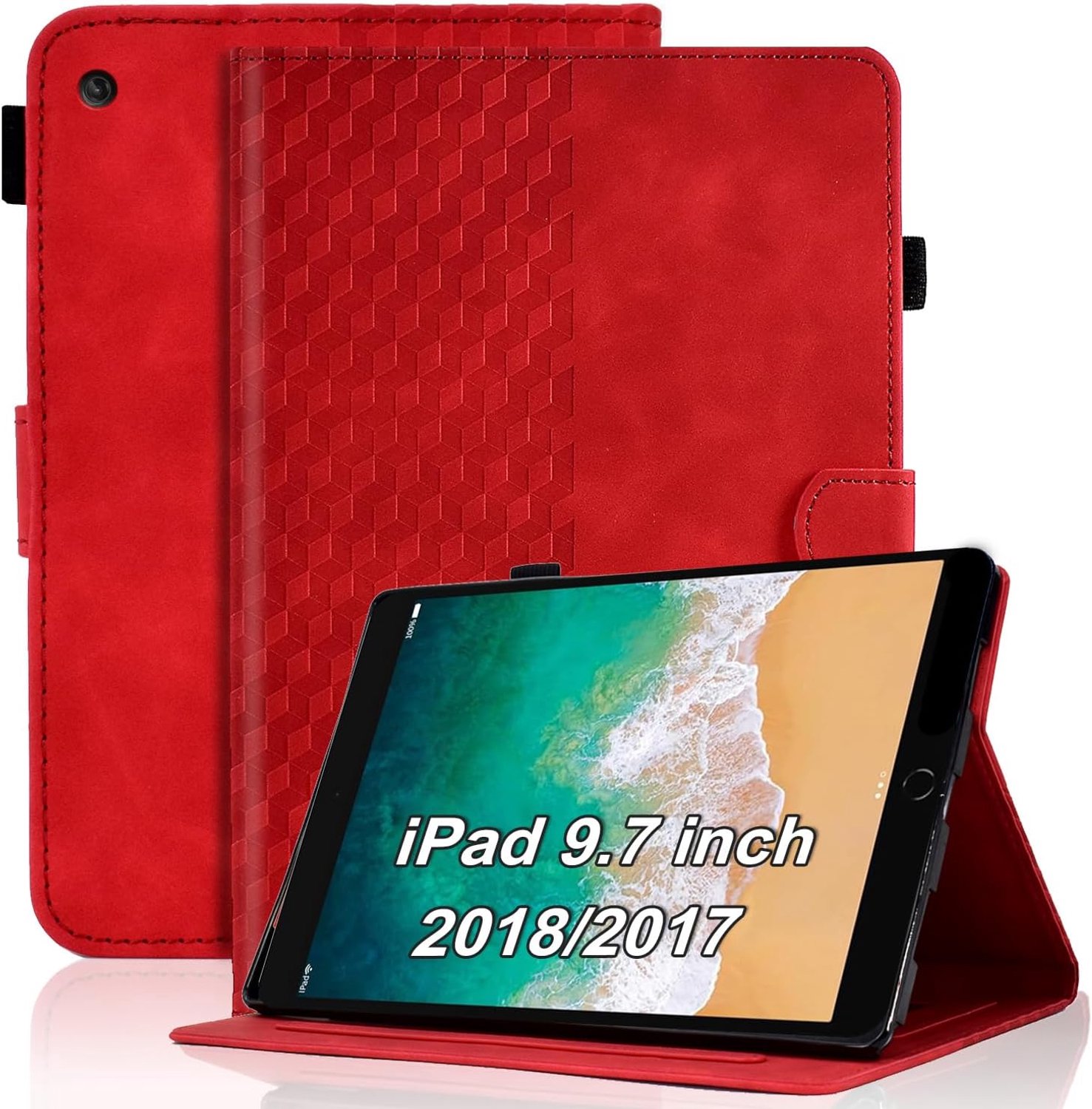 Hoes voor iPad 6e/5e Generatie 9,7 inch - iPad 2018/2017, iPad Air 2/Air 1 lederen foliohoes slimme shell met automatische slaap/waakfunctie, multi-hoekbescherming, stand, rood