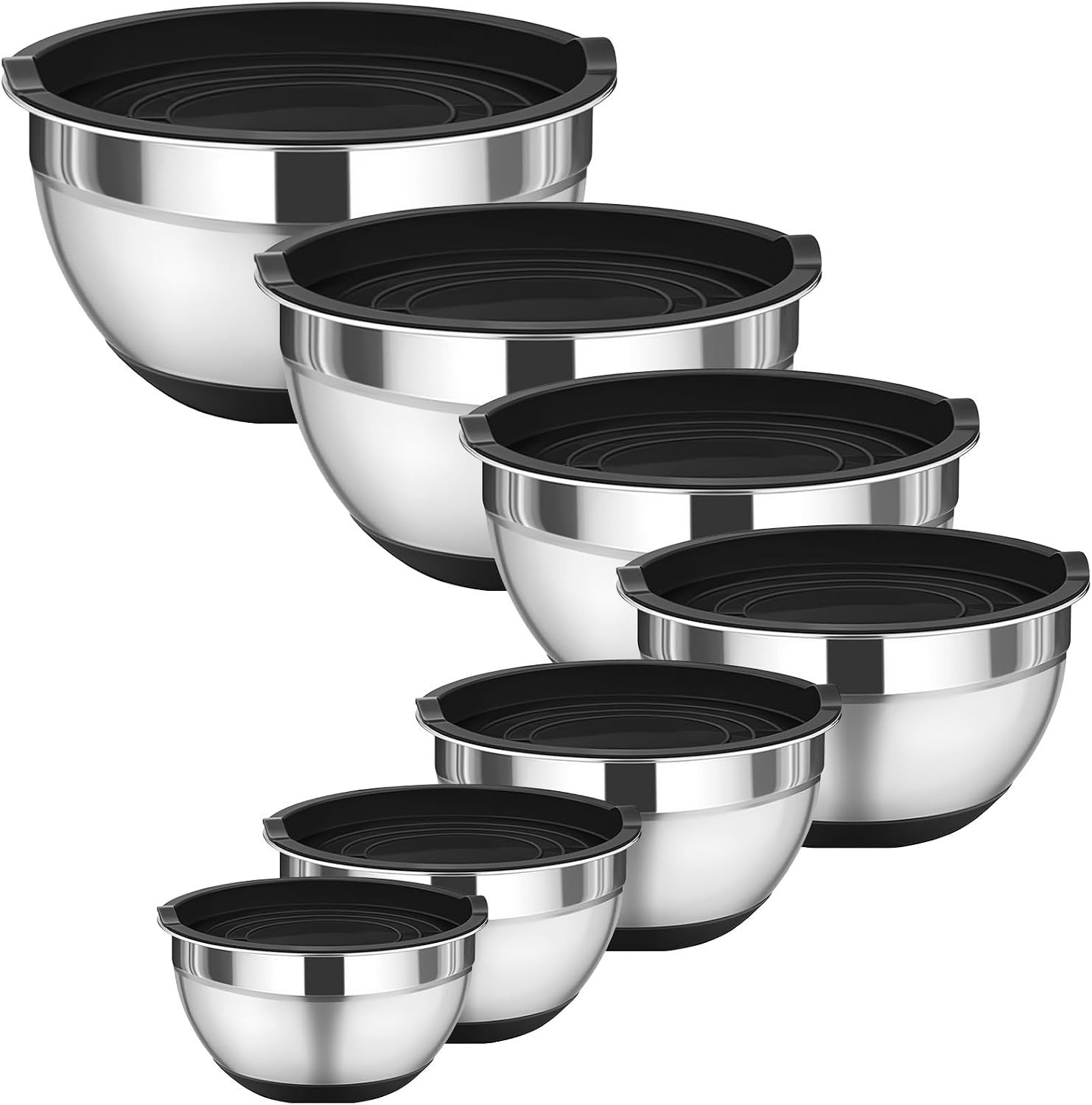 Roestvrijstalen Mengkomset met Deksel - Zwart - 14-26 cm - Stapelbare Set met Luchtdichte Deksels - Voor Keuken Gebruik