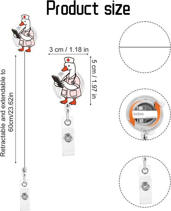 2 Stuks Retractable Badge Reel met Acryl Dumb Goose Design voor Ziekenhuispersoneel en Verpleegkundigen - ID Kaarthouder Decoratie voor Pediatrie en Medische Professionelen — afbeelding 5