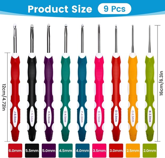 Complete Haaknaalden Set van 9 Stuks, Ergonomische Handgreep, Ideaal voor Beginners en Liefhebbers van Breien en Haken, Perfect voor Sjaals, Truien en Handschoenen — afbeelding 5