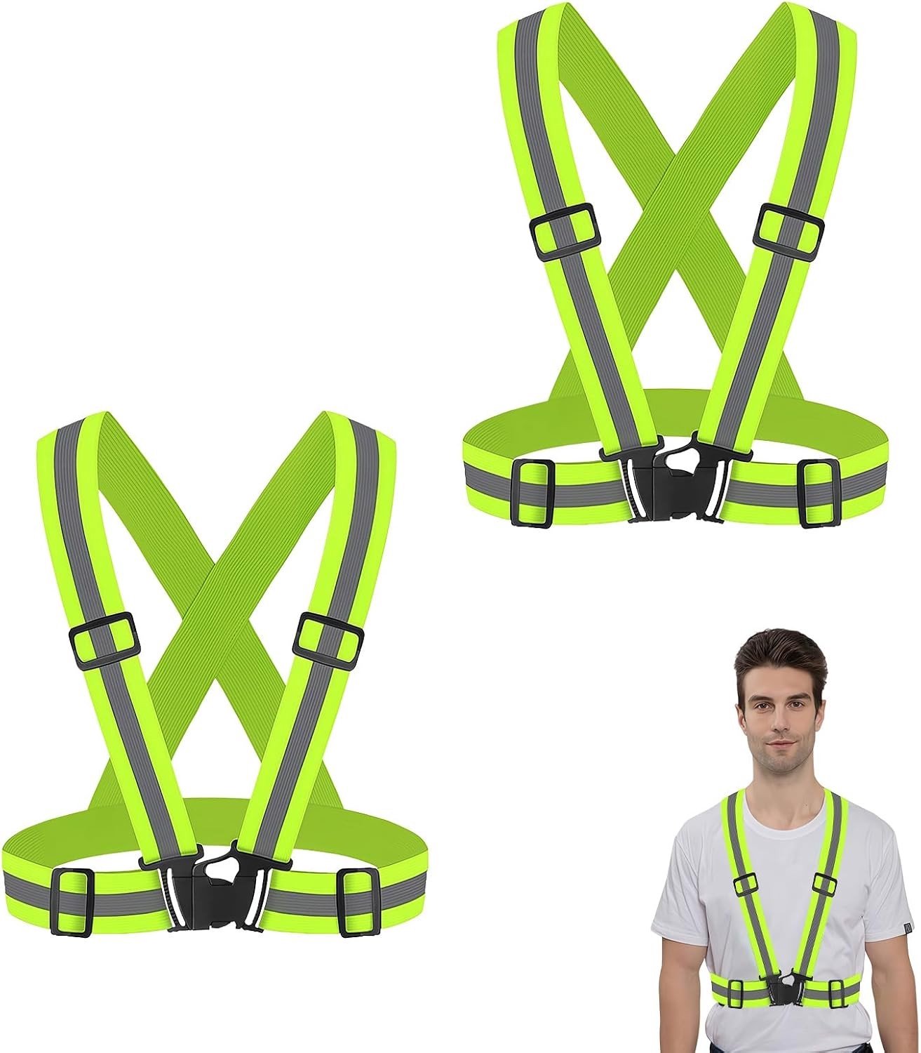 Set van 2 Reflecterende Veiligheidsvesten - 360° Elastisch Verstelbaar Reflecterend Vest voor Volwassenen en Kinderen - Perfect voor Fietsen, Hardlopen, Motorijden en Wandelen