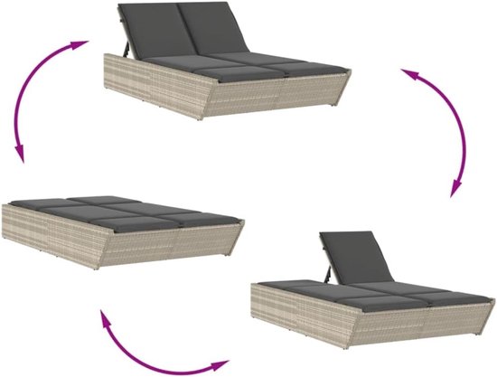 Poly rattan ligbed met verstelbare rugleuning tweepersoons lichtgrijs — afbeelding 4