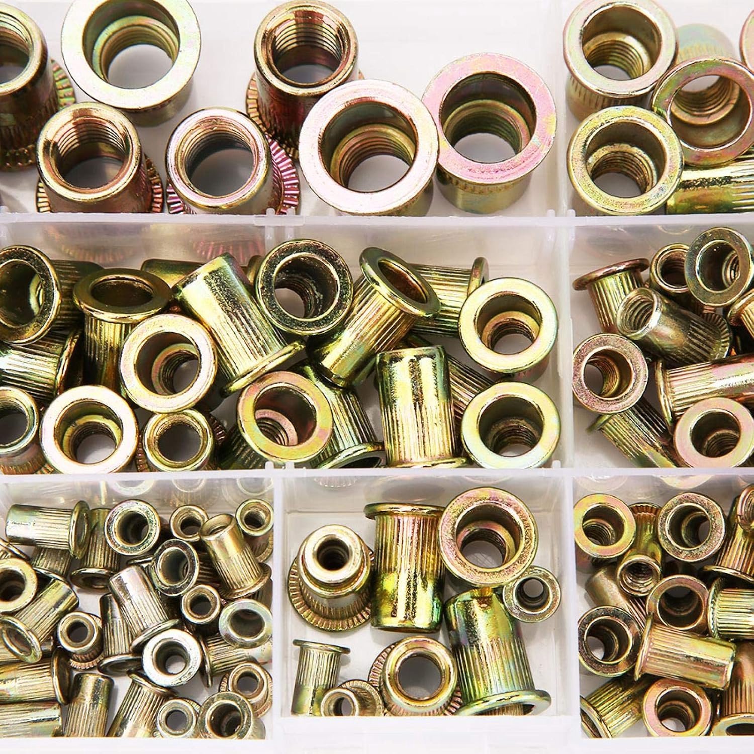 Klinknagelmoeren kit, 180 stks M3-M10 kleur stalen klinknagel moerenset, verzinkt koolstofstaal platte kop schroefdraad inzetstuk Klinknagel moeren, met plastic organizer doos