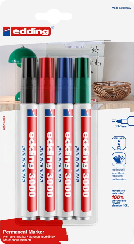 Verpakking met vier edding 3000 permanente markers in zwart, rood, blauw en groen. Ronde punt van 1,5-3mm.