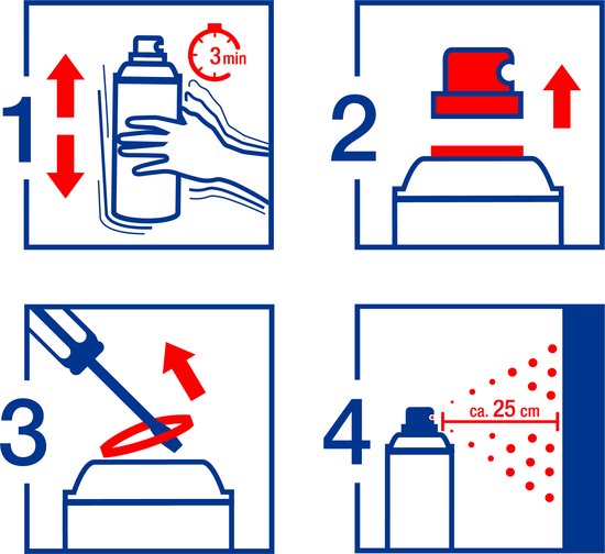 Instructies voor het gebruik van een spuitbus: schudden, dop verwijderen, eventueel gaatje doorprikken, spuiten op 25 cm afstand.
