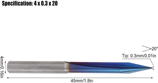 5 stuks V-tip graveerbit met 2 fluiten en 4 mm schacht Wolfraamstaal Rechte freesfrees voor hout, MDF aluminium en acryl Markering en snijwerk Details 4 x 0,3 x 20 — afbeelding 2