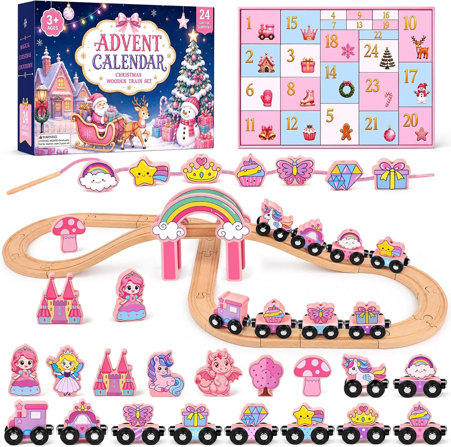 Adventskalender 2026 voor meisjes, adventskalender voor baby's en kinderen, 24 dagen met magnetische trein van hout, speelgoed, eenhoorn, prinses, Montessori leerspellen, kerstcadeau