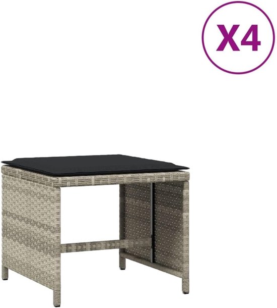 Poly rotan tuinkruk set 4-delig, lichtgrijs kruk 40x40x35 cm met kussen, afneembare hoes en gepoedercoat stalen frame, max. 110 kg belastbaar — afbeelding 5